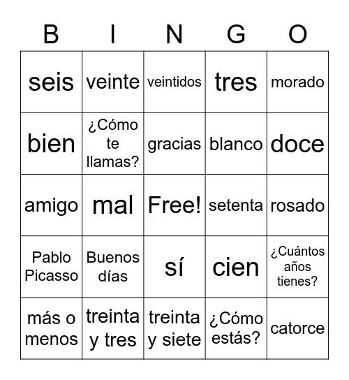 5th and 6th grade Spanish Bingo - Unit 1 Bingo Card