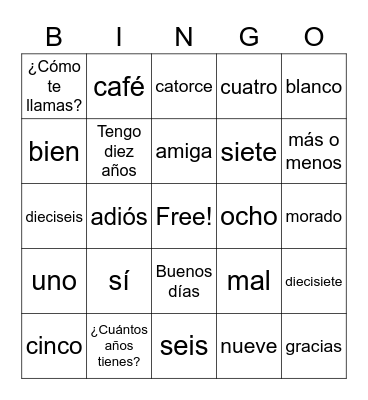 3rd and 4th grade Spanish Bingo - Unit 1 Bingo Card