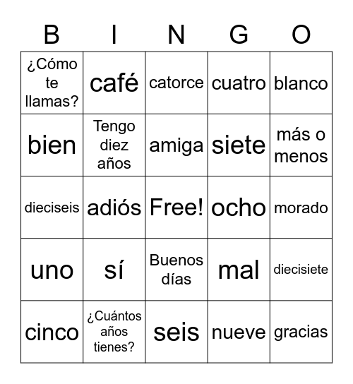 3rd and 4th grade Spanish Bingo - Unit 1 Bingo Card