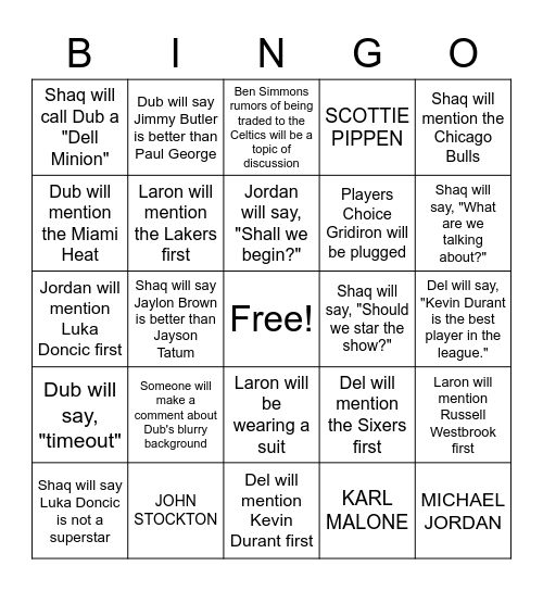 Players Choice Bingo Card