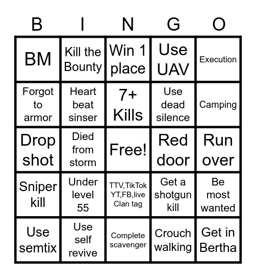 Solo Warzone bingo Card