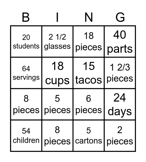 Divide Fractions Bingo Card