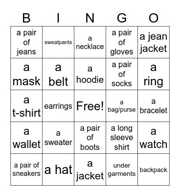 Clothes: Items Bingo Card