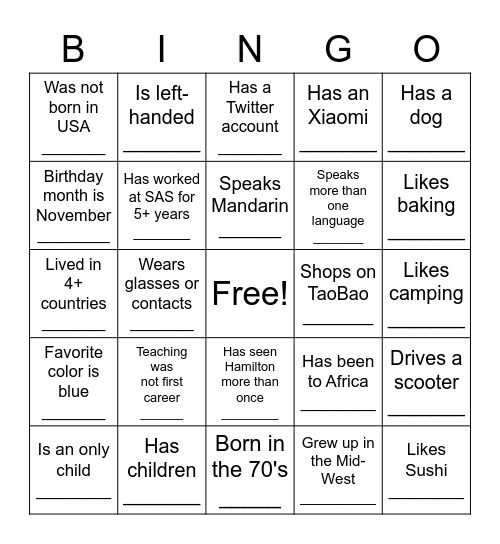 Know Your Team Bingo Card