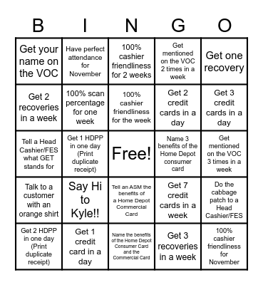 Home Depot Cashier Bingo Card