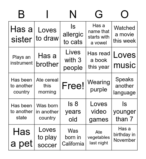 Getting to Know You Bingo Card