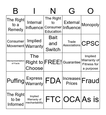 Consumer Bingo Card