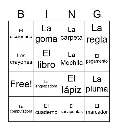 Los utiles escolares Bingo Card