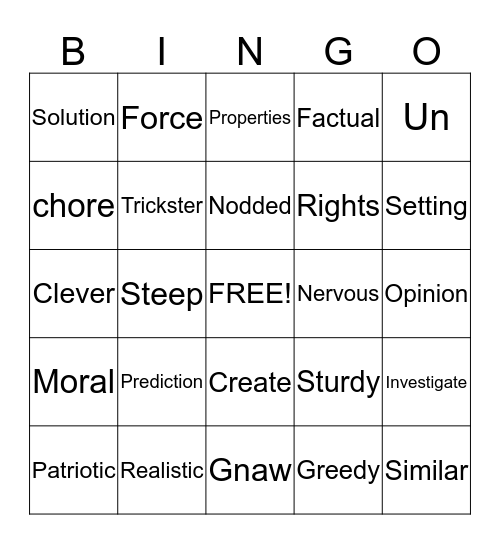 Vocabulary Bingo Card