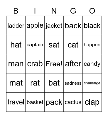 Short A Bingo Card