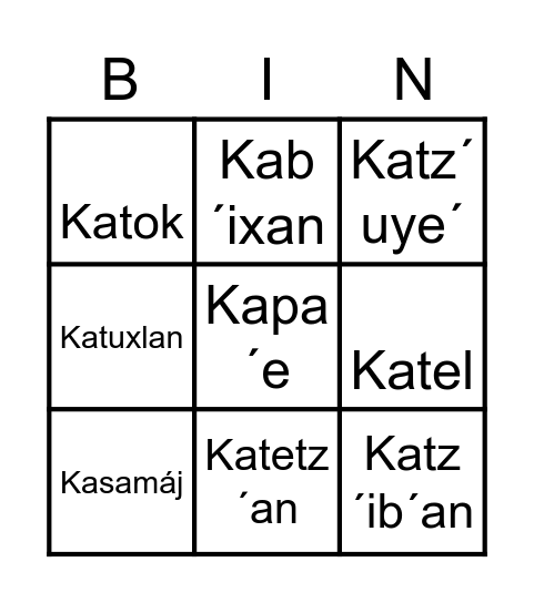 Kaqchikel Bingo Card