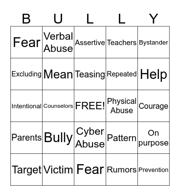 Bullying Bingo Card