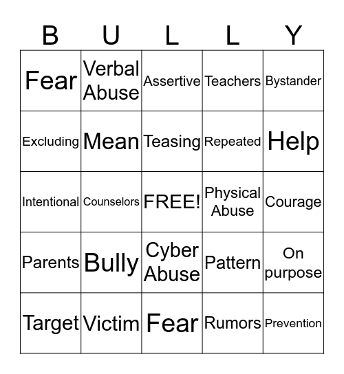 Bullying Bingo Card