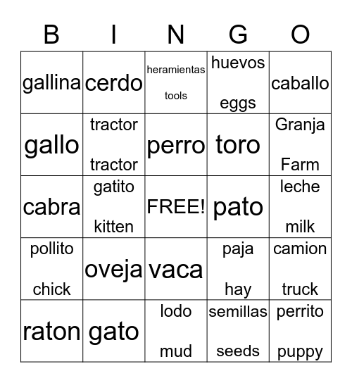 Farm Animals/Animales de la Granja Bingo Card