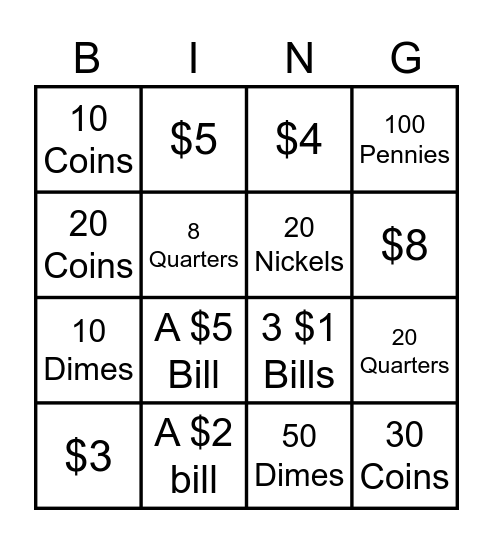 Coin Drive Bingo Card
