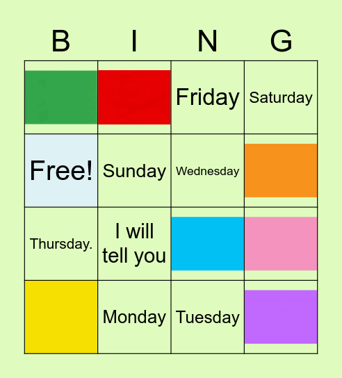Days of week Bingo Card