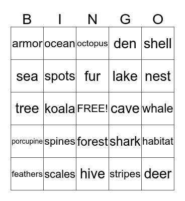 Animal Bingo II Bingo Card