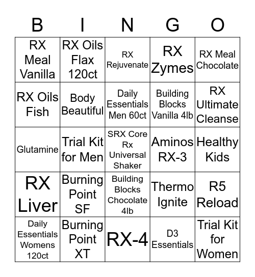 SRX Supplements Bingo Card