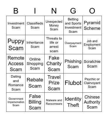 S C A M S Bingo Card