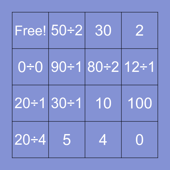 Maths Disision Bingo Card