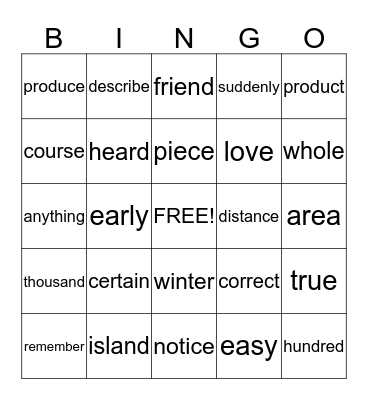 STAR WORD BINGO Card