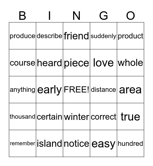 STAR WORD BINGO Card