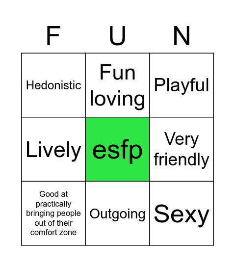 ESFP MBTI Bingo Card