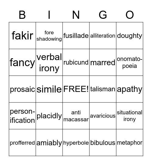 Vocabulary Review BINGO Card