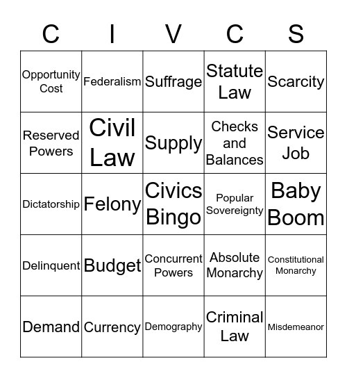 Civics Bingo Card