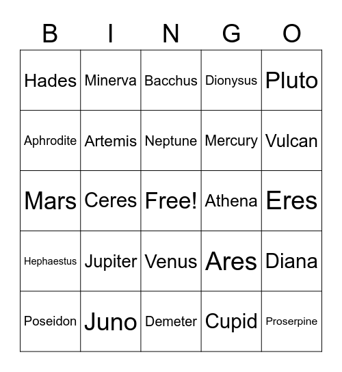 Olympian Gods and Goddesses Bingo Card