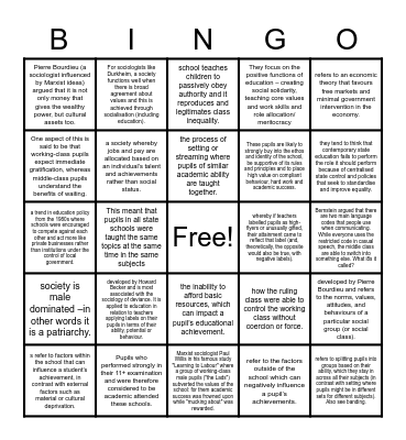 Sociology -Education Bingo Card