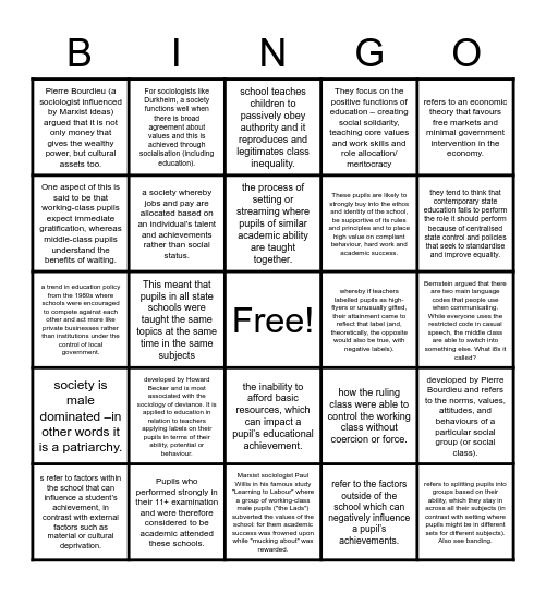 Sociology -Education Bingo Card