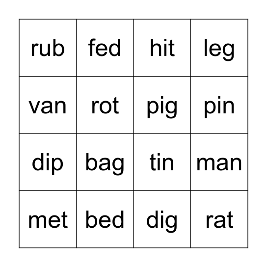 Word List Bingo Card