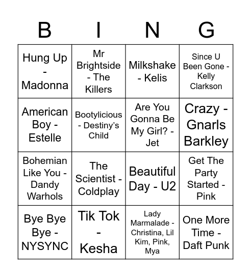 2000's Bingo Card