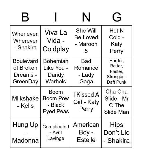 2000's Bingo Card