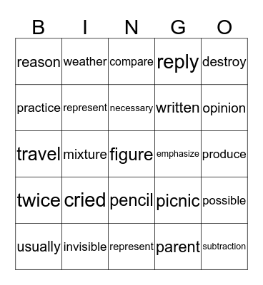 Intermediate BINGO Card