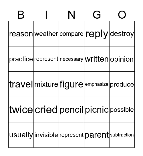 Intermediate BINGO Card