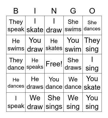 Ar Verbs Bingo Card