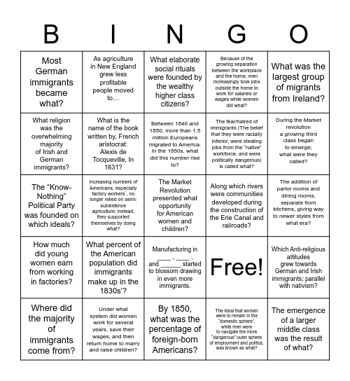 Questions sheet Bingo Card