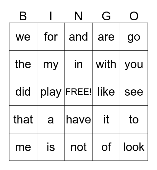 kindergarten sight words Bingo Card