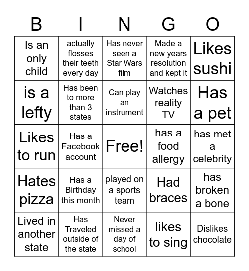 Introduction Bingo Card