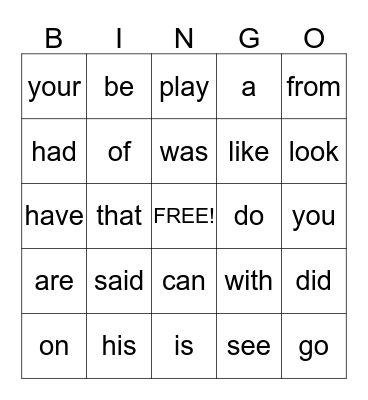 kindergarten sight words Bingo Card