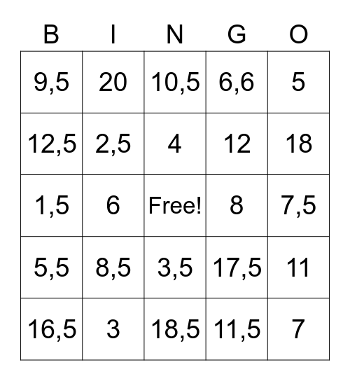 Operações com números decimais Bingo Card