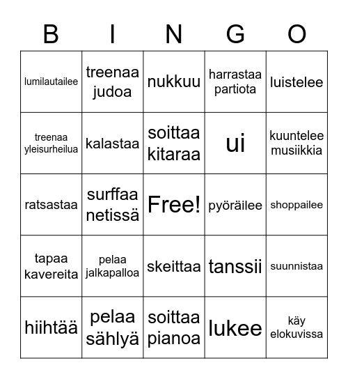 Harrastussanat Bingo Card