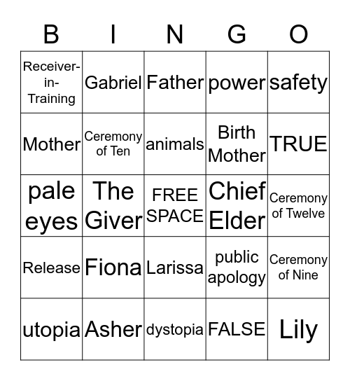 Game 1: "The Giver" Bingo Card
