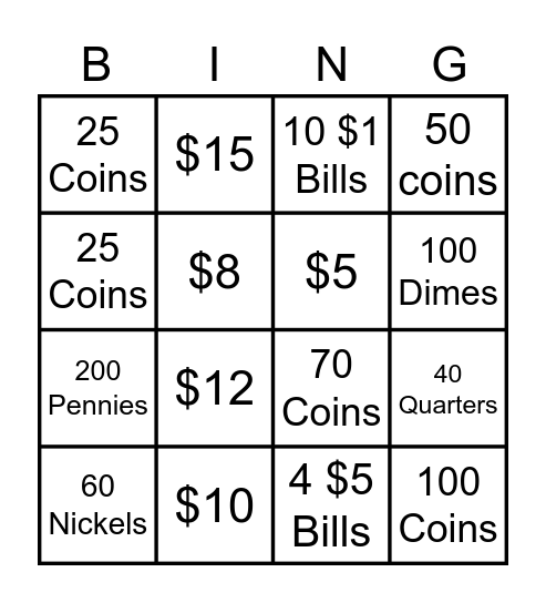 Coin Drive Bingo Card