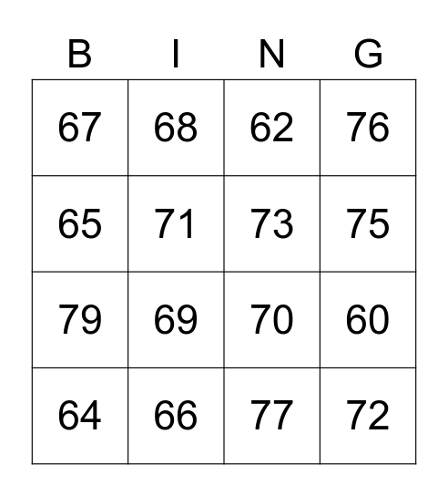 Números 60-79 Bingo Card