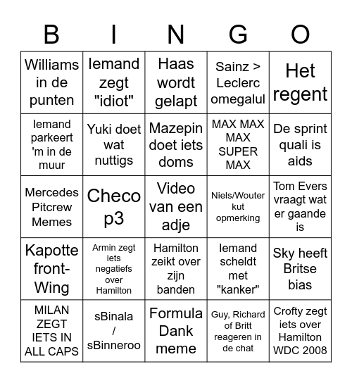 Thalia F1 Bingo Interlagos Bingo Card