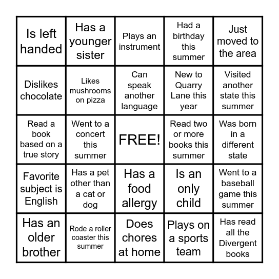 Getting to Know You Bingo Card