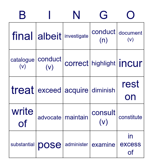 CentER ReMa Academic Vocabulary Bingo Card